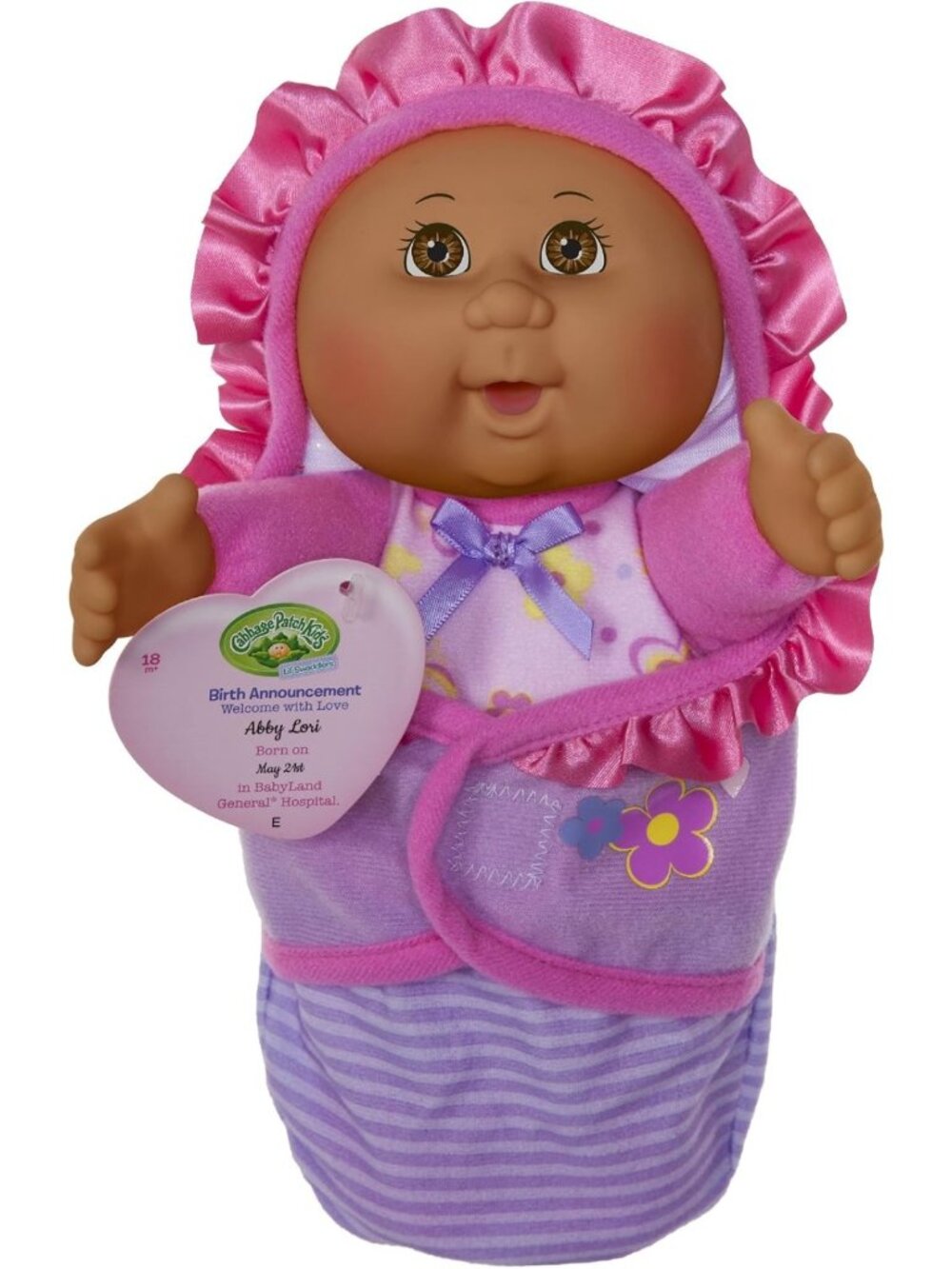 Newborn African American Girl Doll with Swaddle Blanket & Adoption Announcement
